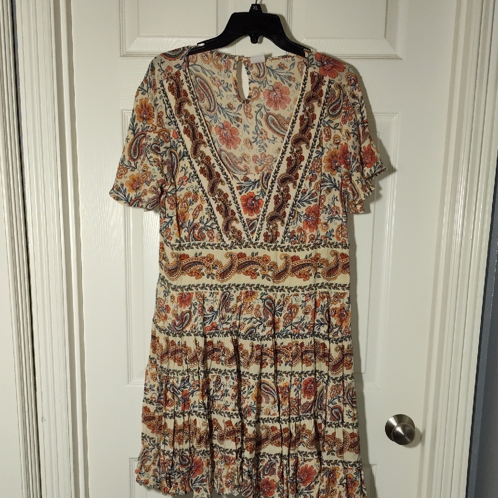 Bila Orange Brown Pleated Ruffled Sundress Knee Length Peasant Dress